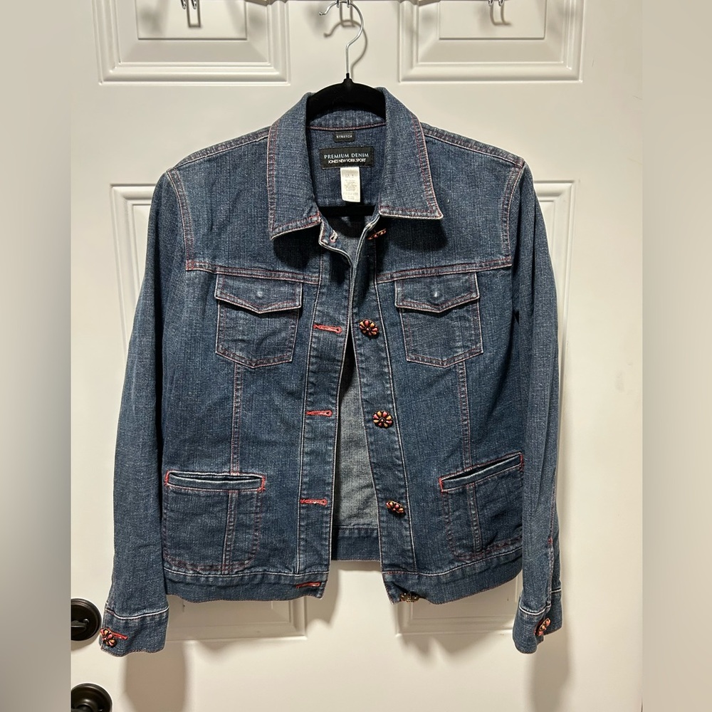 Jones New York Sport Stretch Denim Jean Jacket with Red Flower Buttons